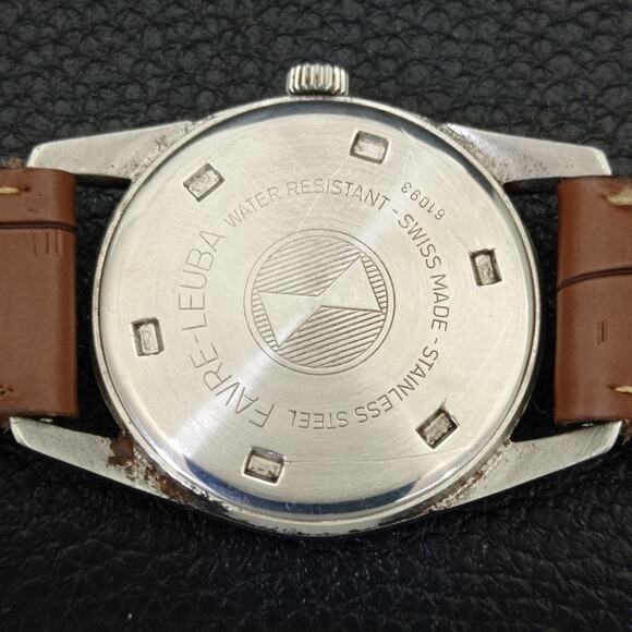 Vintage 1977 Favre Leuba Manual Mens Silver Watch W/Leather Strap - Picture 8 of 9
